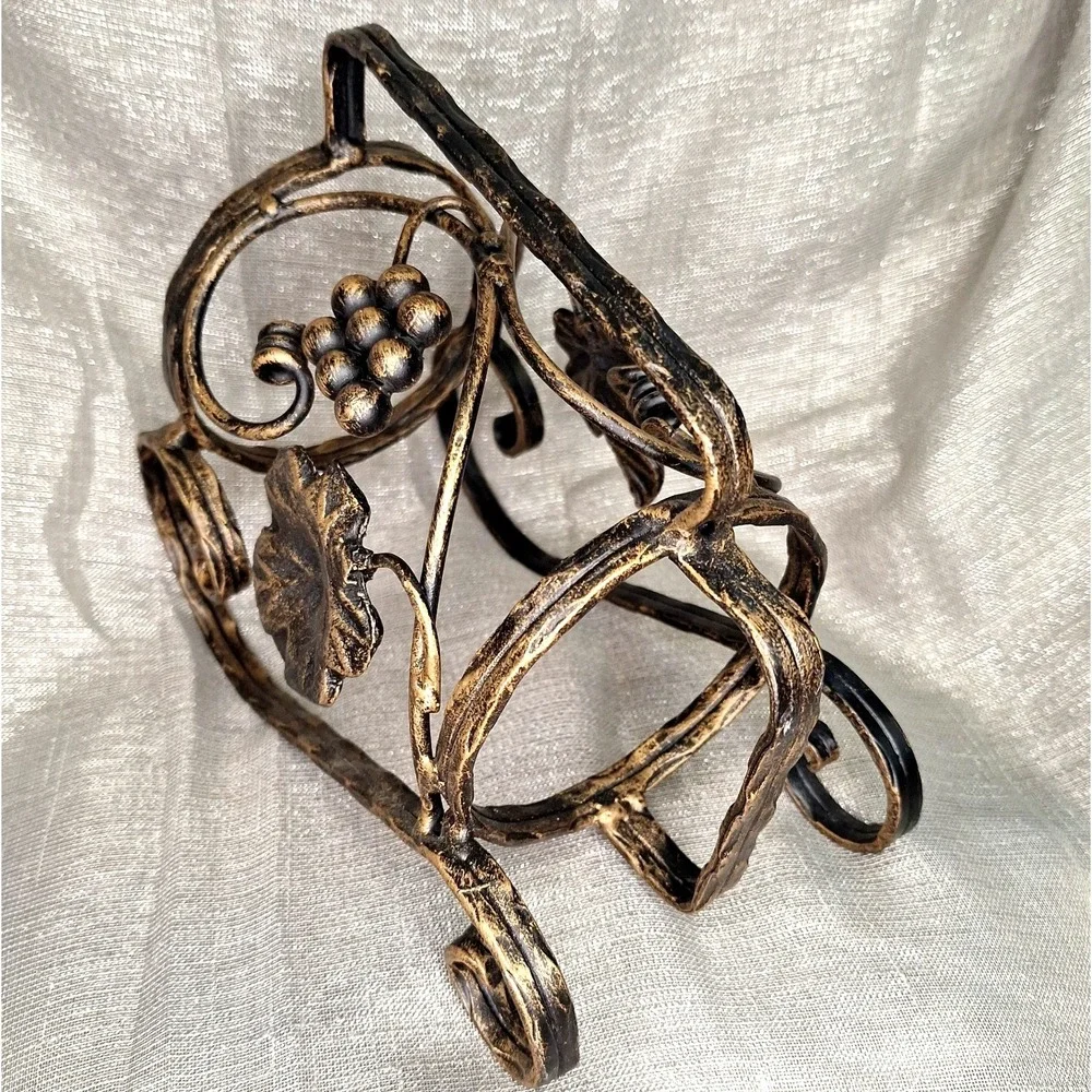 Wrought Iron Wine Bottle Holder Server Black Gilded Grapes Vines Antiqued Finish